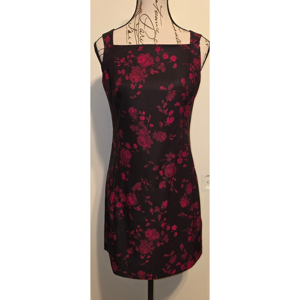 Rampage Vintage 90s Red Floral Rose‎ Black Sheath Dress Square Neck Mini Size 5
